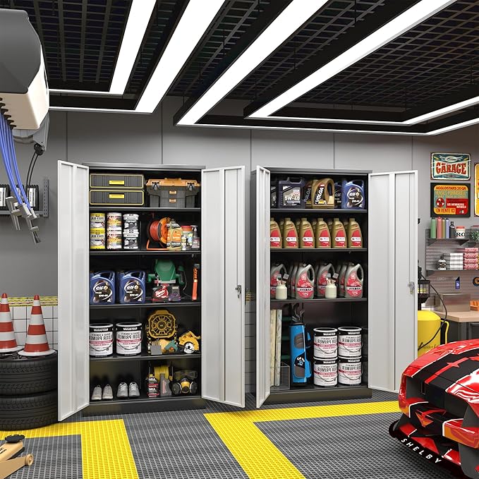 Greenvelly Metal Garage Storage Cabinet with Lock, 72”Metal Storage Cabinet with 2 Doors and 4 Adjustable Shelves, Steel Tool Cabinet for Garage,Home Office, School,Gym (Black Grey)