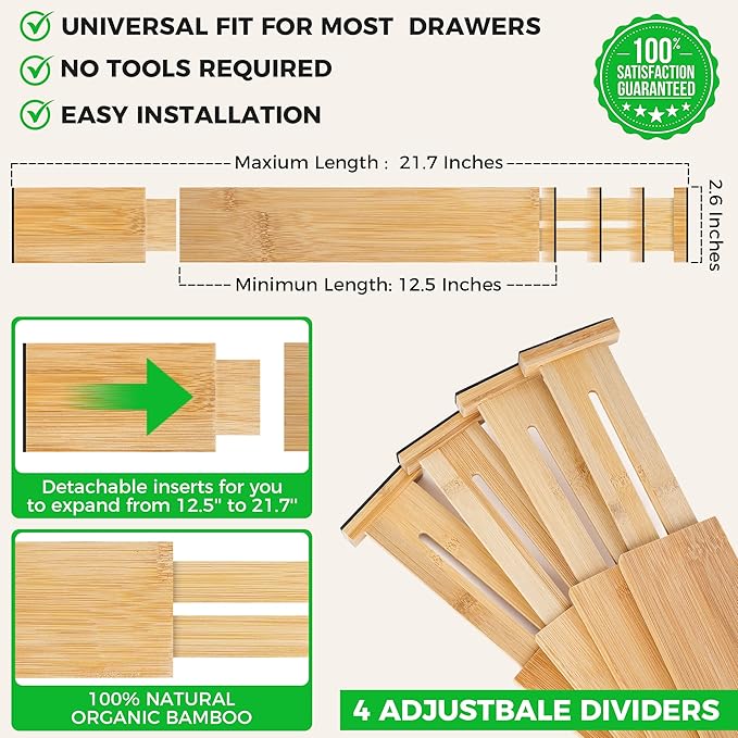 Bamboo Drawer Dividers Organizer with Inserts, Expandable from 12.5-21.7", Adjustable Drawer Organizer Separators for Utensils, Dresser, Bedroom, Bathroom, Closet, Clothing, Office (Beige)