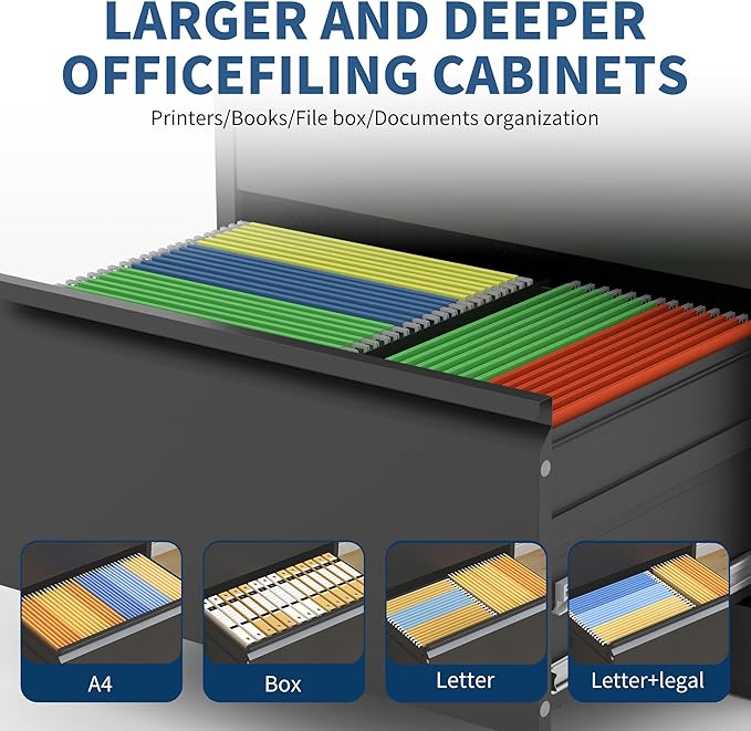 2 Drawer File Cabinet with Lock, Black Metal Lateral Filing Cabinets for Home Office, Heavy Duty Steel Horizontal Locking Storage Cabinet for Legal/Letter/A4 Size File, Assembly Require