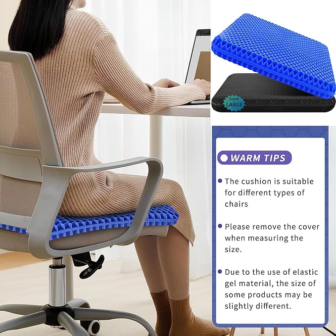 Gel Seat Cushion, 19x19inch Super Large Gel Cushion Pressure Pain Relief Seat Cushion for Long Sitting, Soft Breathable Gel Chair Pads for Home Office Wheelchair Car Seat (Blue)