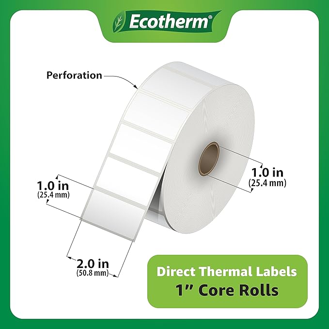 2"x1" Thermal Labels for Rollo, Munbyn, Zebra, Godex, Arkscan, iDPRT, Offnova Label Printers and More - White Paper Stickers - Small Multipurpose Labels | 15000 Labels | 6 Rolls | by Ecotherm