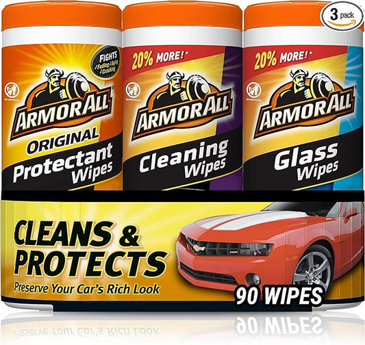 Armor All Protectant, Glass and Cleaning Wipes, Wipes for Car Interior and Car Exterior, 30 Count Each (Pack of 3)
