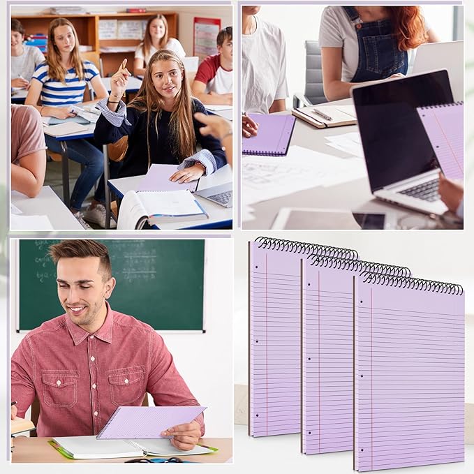3 Packs 8.5" x 11" Top Spiral Notebook with 3 Hole Punched Legal Pads College Ruled Notepad 50 Sheets Hard Cardboard Paper Wirebound Notepad for Office School Business (Purple)