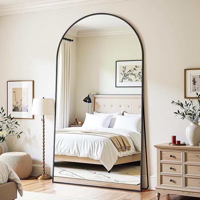 Full Length Mirror, 78"x38" Oversized Floor Mirror Freestanding, Full Body Mirror Floor Standing Mirrors with Stand, Hanging Mounted Mirrors for Bedroom Living Room, Black, Arched Style