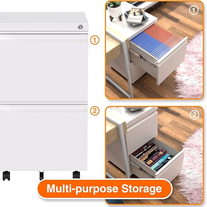 Aobabo Metal 2 Drawer Office File Cabinet with Lock, Under Desk Office Steel Files Cabinet on Wheels, 25.6''H Legal/Letter A4 Size, Fully Assembled Except Wheels,White