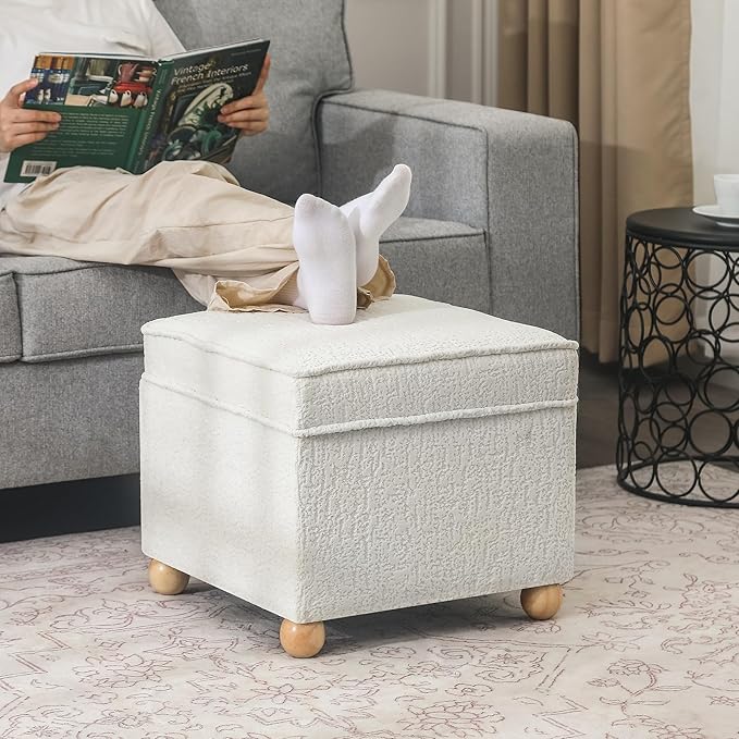 Adeco 17 Inch High Faux Fur White Cube Ottoman Storage, 3D Embossed Velvet Chair Foot Stools, Upholstered Vanity Stool with Hinged Lid, Solid Round Wood Legs