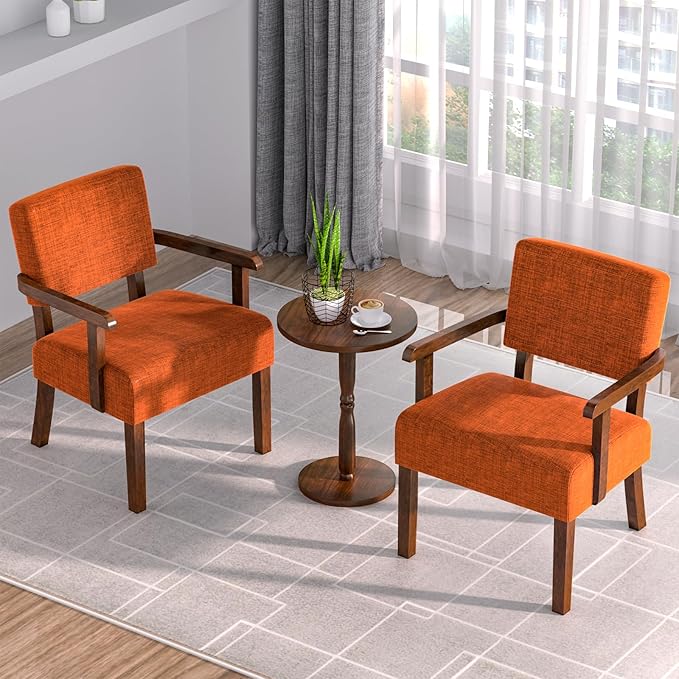 Accent Chair Set of 2 with Table, Living Room Chairs with Soft Seat and Armrests for Living Room Bedroom Reading Room Waiting Room (Orange), Linen, AC01