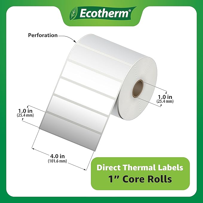 4" x 1" Thermal Labels | 4 Rolls | 5360 Labels | fits Zebra, Munbyn, Rollo, Godex, Arkscan, iDPRT, Offnova Thermal Label Printers and More | Blank White Adhesive Stickers by Ecotherm