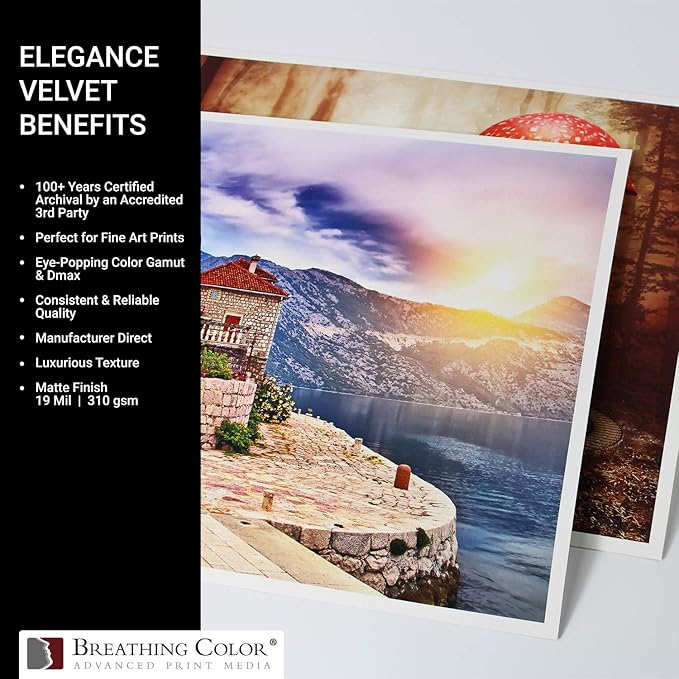Elegance Velvet 24 in x 40 ft roll is a Premium Matte 310 gsm, Cold Pressed Bright White Museum Grade Fine Art Inkjet Paper, Compatible with Most Dye-Based and Pigment Printers
