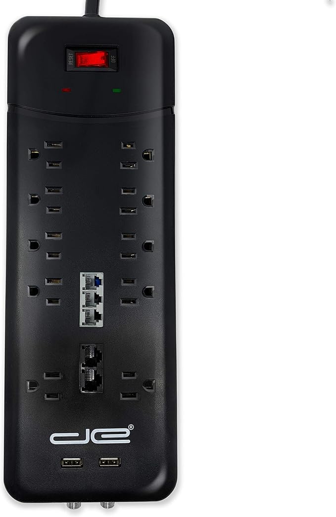 Digital Energy 10-Outlet Straight Plug 4050 Joules Heavy Duty Surge Protector Power Strip, 25 Foot Long Extension Cord, 15 AMP, 15 FT, Black