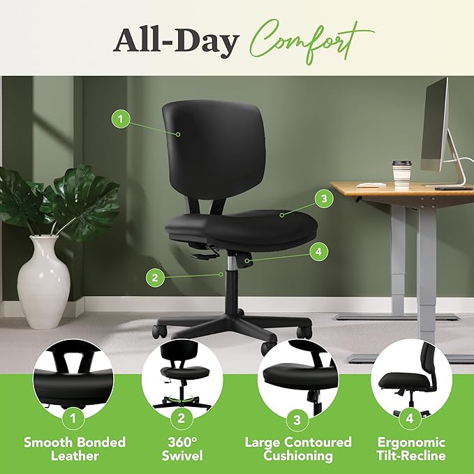 HON Volt Armless Computer Chair for Office Desk Ergonomic Recline, Softhread Leather Back Seat, Swivel Desk Chair for Computers, Work, Black