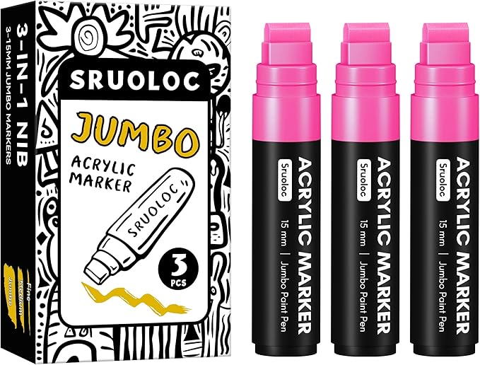 3 Jumbo Permanent Markers Pink, 15mm Thick Wide Tip, Large Acrylic Paint Markers for Rock Painting, Poster, Graffiti, Stone, Ceramic, Glass, Wood, Canvas