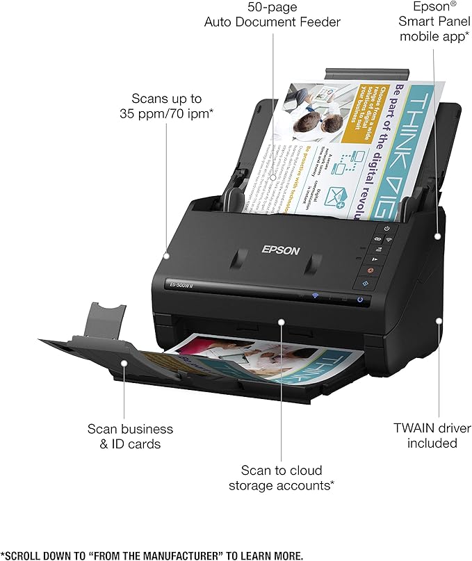 Epson Workforce ES-500W II Wireless Color Duplex Desktop Document Scanner for PC and Mac, with Auto Document Feeder (ADF) and Scan from Smartphone or Tablet (Renewed)