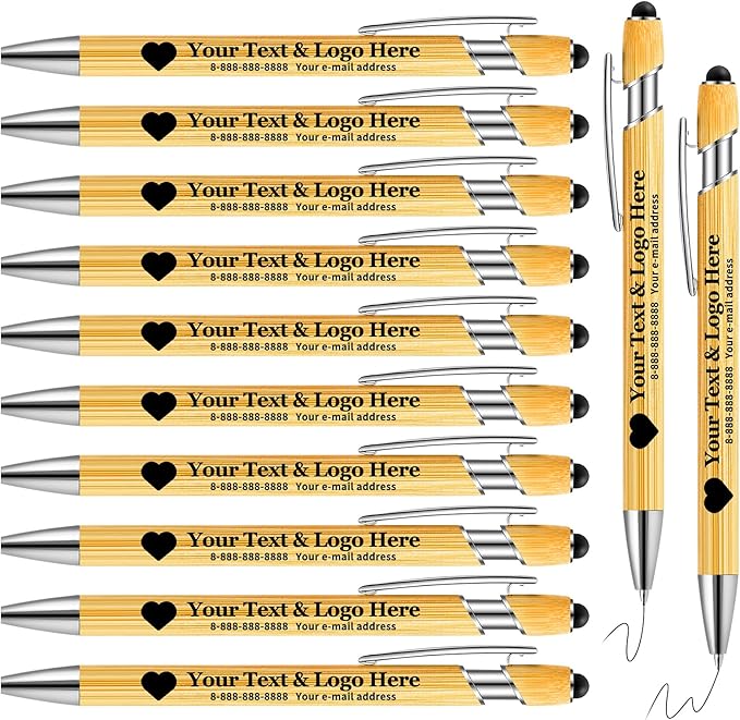 Bamboo Personalized Pens Bulk with Stylus - Custom Logo/Name, 12 Pack Ballpoint Pens - Student & Teacher Bulk Gifts, Corporate Giveaways, Back to School Supplies - Black Ink