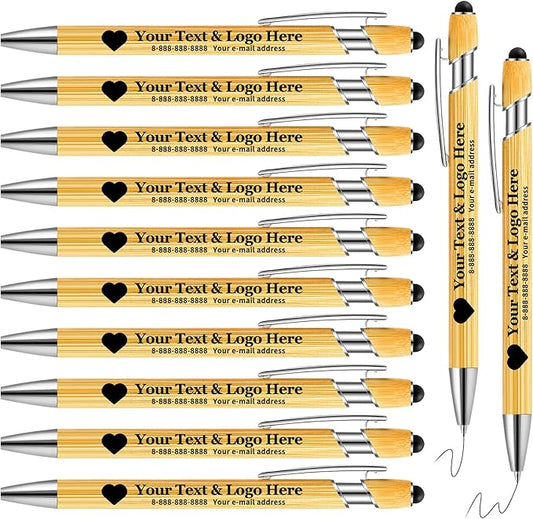 Bamboo Personalized Pens Bulk with Stylus - Custom Logo/Name, 12 Pack Ballpoint Pens - Student & Teacher Bulk Gifts, Corporate Giveaways, Back to School Supplies - Black Ink