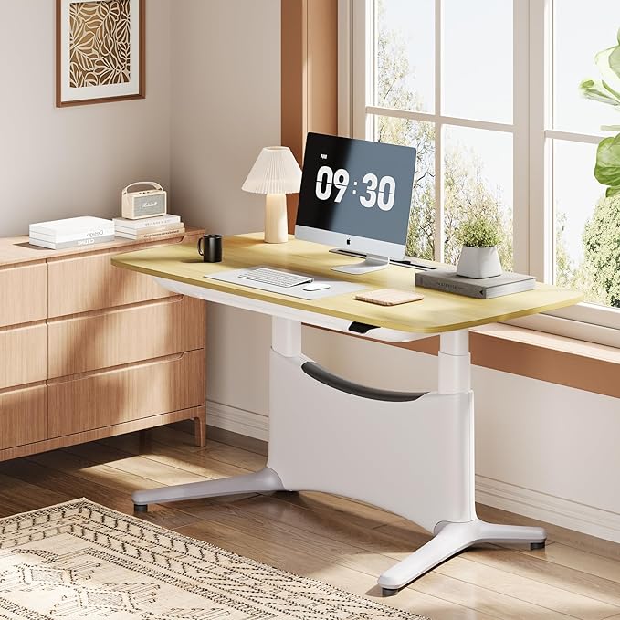 COLAMY Electric Adjustable Standing Desk – 48 x 28 Inch Sit Stand Desk with Drawer & Cable Management, Dual Motor Lift System, Ergonomic Footrest, Home Office Table (MFC Desktop, Light Maple + White)
