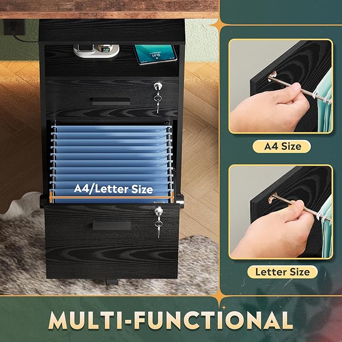 DEVAISE 2 Drawer File Cabinet with Lock and Charging Station, Wood Filing Cabinet fits A4 or Letter Size, Mobile Printer Stand with Open Storage Shelf for Home Office, Black