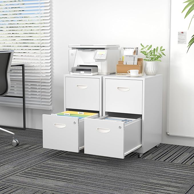 2 Drawer File Cabinet with Lock，White Rolling File Cabinet for Home Office, Metal Small Mobile Filing Cabinets on Wheels for Hanging Letter