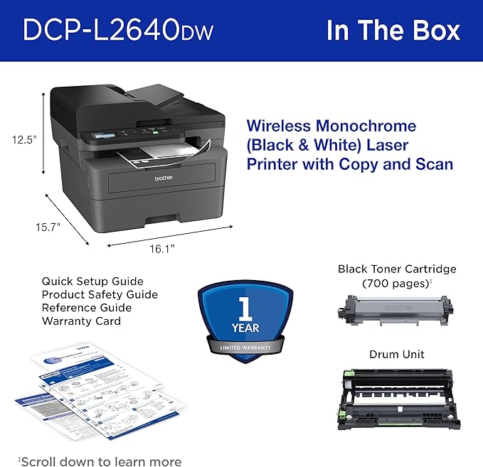 Brother DCP-L2640DW Wireless Compact Monochrome Multi-Function Laser Printer with Copy and Scan, Duplex, Mobile, Black & White | Includes Refresh Subscription Trial(1), Works with Alexa