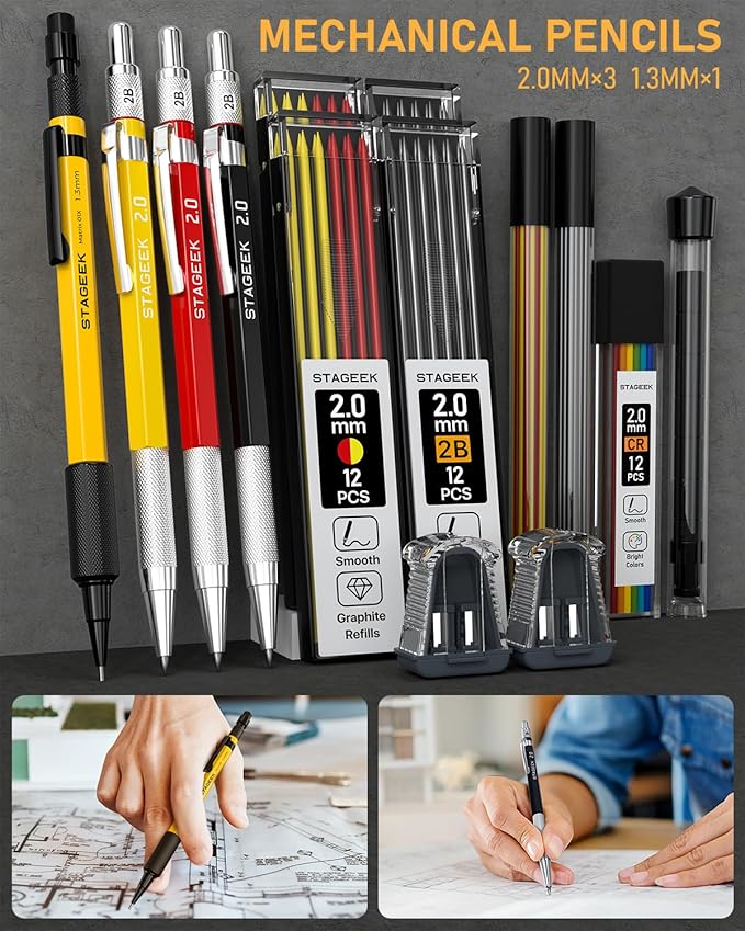 34 Pack Carpenter Pencil Set with Sharpener, Mechanical Carpenter Pencils with Deep Hole Long-Nib Marker Pens, Carbide Scribe Tool & Construction Pencils for Architect Woodworking with Case