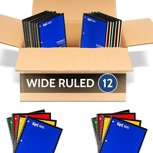 EPI Spiral Notebook | 3 Subject - Wide Ruled - 120 Sheets, Durable Spiral Binding | 10.5 x 8 in | Classroom Supplies | School, Office, Note Taking, Journaling - 12 Pack