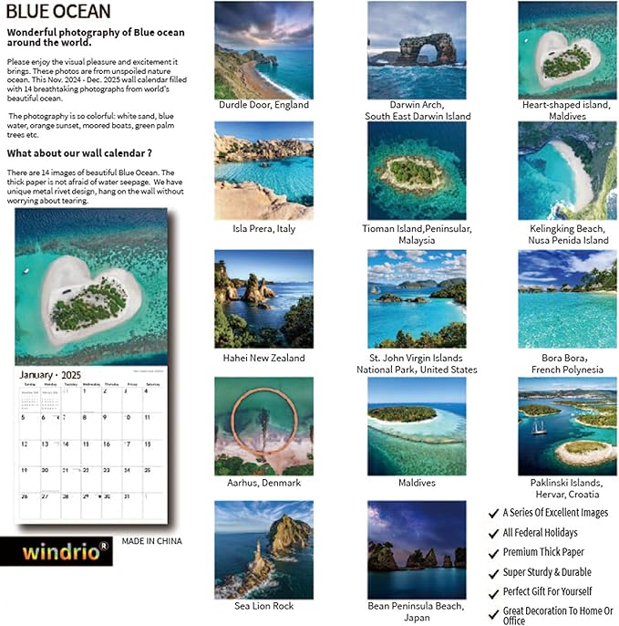 2025 Wall Calendar,Calendar 2025, January 2025 - December 2025, Wall Calendar Ocean Beaches, 12" x 24" Opened,Full Page Months Thick & Sturdy Paper for Calendar Organizing & Planning