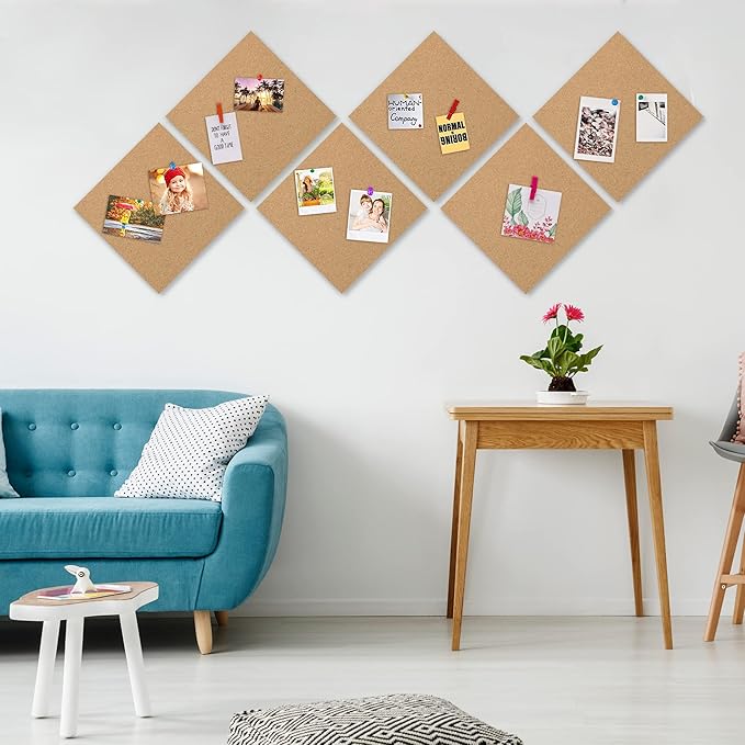 AKTOP Cork Board Bulletin Board 12x12, 1/2" Thick Cork Board Tiles 6 Pack, Small Square Pin Board for Wall, Self Adhesive Corkboards with 60 Push Pin Wood Clips for School, Home & Office