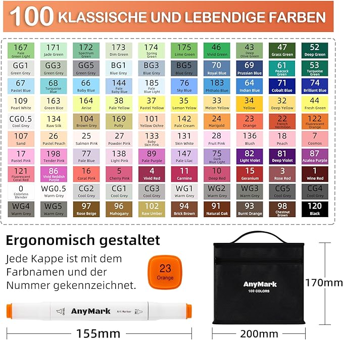AnyMark Alcohol Markers, 100 Colors Dual Tip Art Coloring Markers Set for Kids Adult Book Drawing Sketching Painting, Chisel & Fine, White Penholder