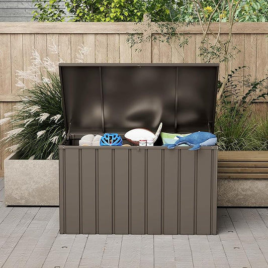 Domi Deck Box 150 Gallon, Waterproof Lockable Steel Outdoor Storage Container for Outside Cushions, Garden Tools and Pools Equipment, Brown
