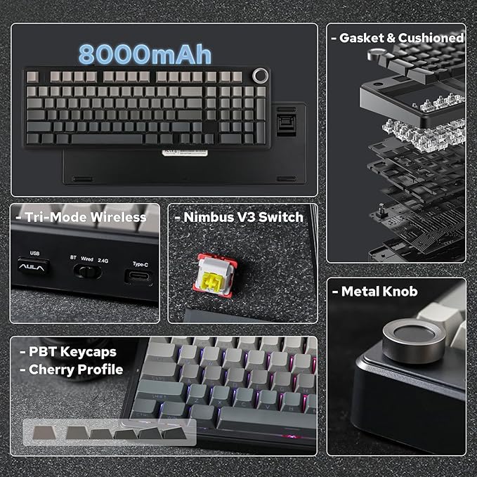 EPOMAKER X Aula F99 PRO Wireless Gaming Keyboard with 8000mAh Battery, Hot Swappable Creamy Keyboard, 2.4GHz/Type-C/BT5.0, NKRO, RGB Backlit for Win/Mac/Gaming (Black Gradient)