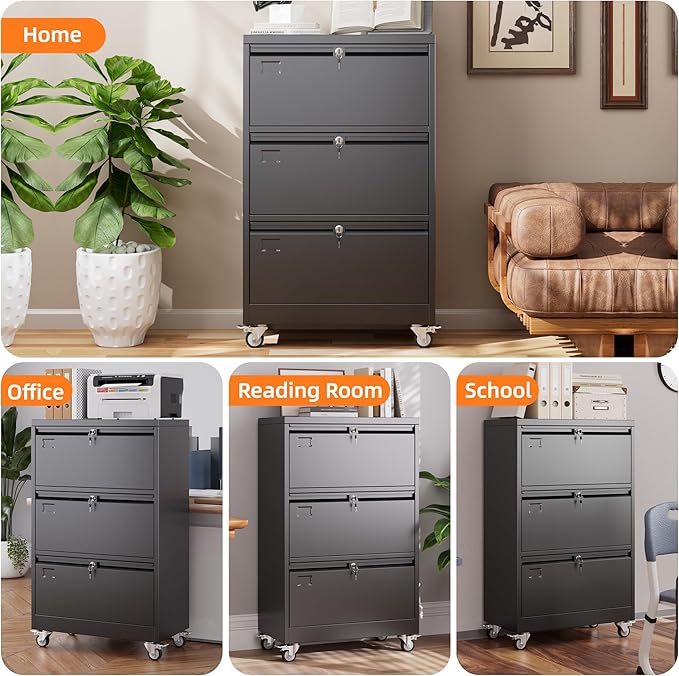 Aobabo 3 Drawer Lateral File Cabinet with Wheels,Metal Filing Cabinet with 3 Lock, for Home Office School Hanging Files Letter/Legal/F4/A4 Size, Assembly Required, Black