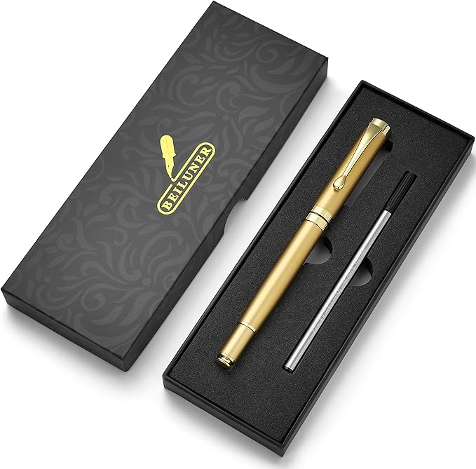 BEILUNER Ballpoint Pens, Stainless Steel with Chrome Trim, Luxury Golden Metal Pen Set, Best Ball Pen Gift Set for Men & Women, Professional, Executive, Office, Fancy Pens-Nice Box with Extra Refill