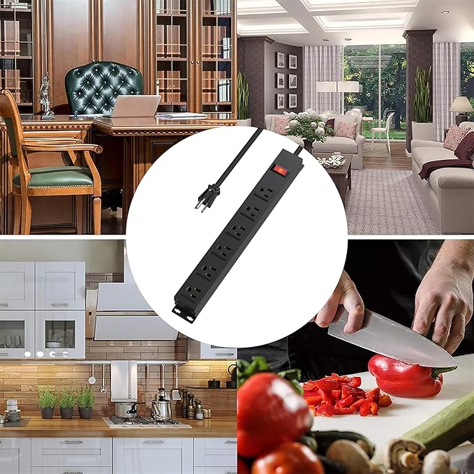 6 Outlet Heavy Duty Power Strip with Long Power Cord,Mountable Power Strip Without Surge Protector for Garage,Industrial,School and Home,15A 125V 1875W,ETL Approved and Listed,Black (8FT)