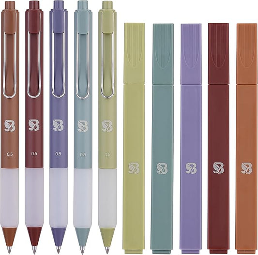 BLIEVE Aesthetic Highlighters and Gel Pens And Soft Tip, No Bleed Dry Fast Easy to Hold, for Bible Journaling Planner Notes School Office Supplies (Earthy)