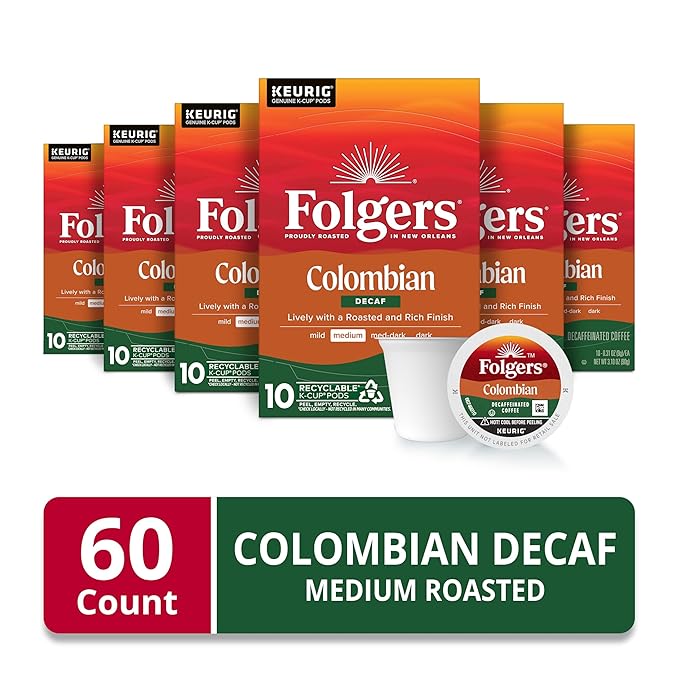 Folgers Colombian Decaf Coffee, Medium Roast, Keurig K-Cup pods, 10 Count Box (Pack of 6)
