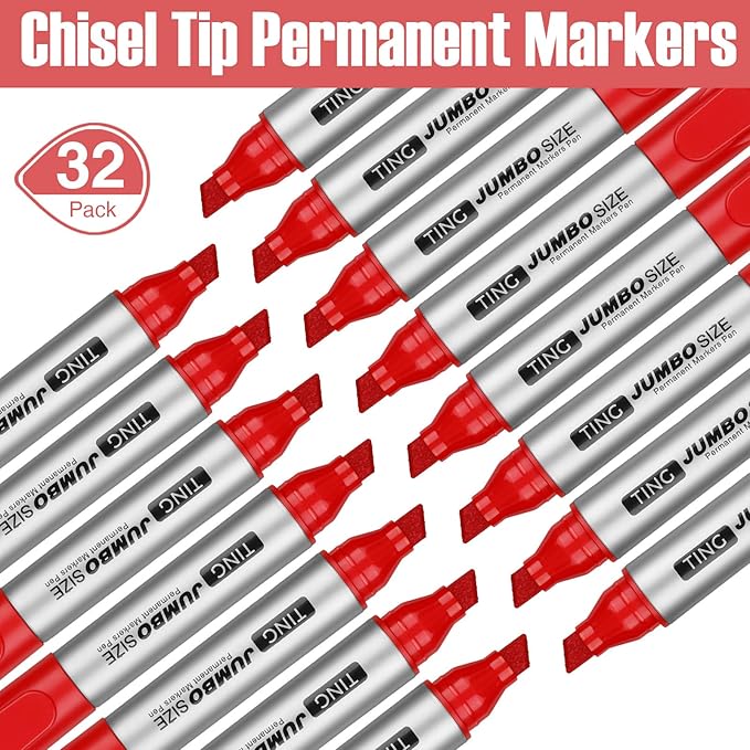 Fuutreo 32 Pcs Jumbo Permanent Markers Bulk Large Chisel Tip Permanent Markers Waterproof Jumbo Pens Quick Drying Office Teacher Supplies(Red)