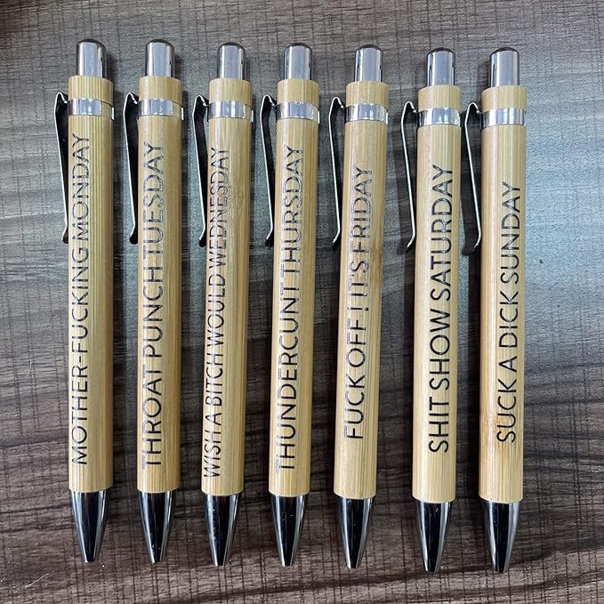 7-Piece Funny Bamboo Pen Set for Sarcastic Souls, Unique Days of The Week Mood Ballpoint Pens with Engraved Humorous Quotes, Excellent Gift for Office, Friends, and Coworkers