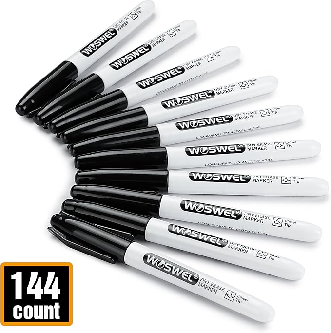 Dry Erase Markers Bulk, 144 Pack Black Chisel Tip Whiteboard Markers, Low Odor Dry Erase Markers for School Office Home