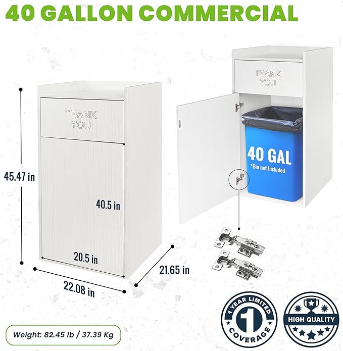 Alpine Restaurant Trash Can Cabinet with Tray Holder - Commercial 40 Gallon Garbage Receptacle Indoor for Restaurants, Cafeterias (White)