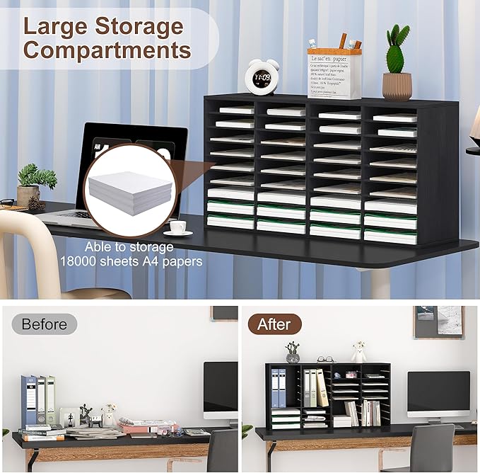EasyPAG Mail Organizer Countertop, Wood Literature Organizer with Adjustable Shelves, Student Classroom Mailbox for School, Desktop Paper Sorter for Office Home, 36 Compartments, Black