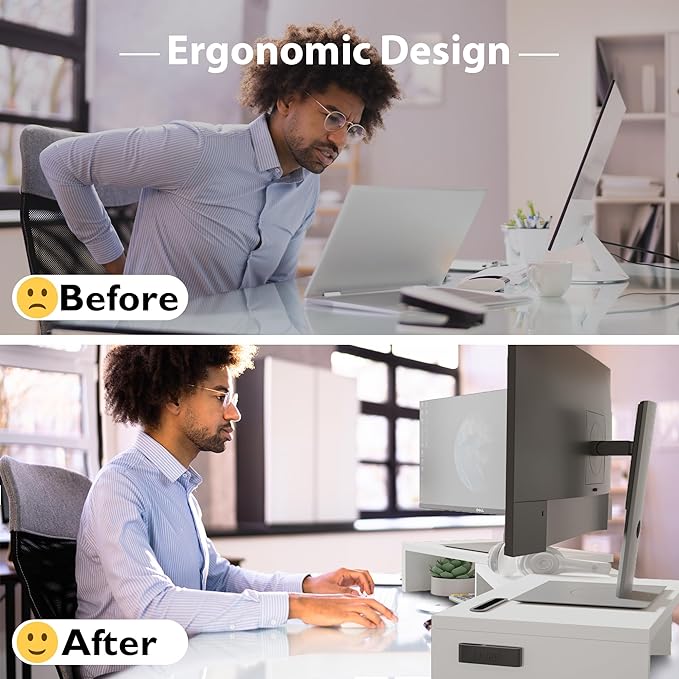 BONTEC Dual Monitor Stand Riser with Smartphone Holder, Adjustable Length & Swivel Angle, Ergonomic Wooden Desktop Organizer for PC Monitor, Laptop, Printer, Large Storage, White