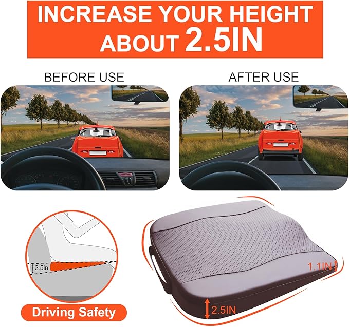 Car Seat Cushion, Comfort Memory Foam Car Cushions for Driving - Sciatica & Lower Back Pain Relief, Driver Seat Pillow for Auto, Office Chair, Wheelchair - Classic Brown