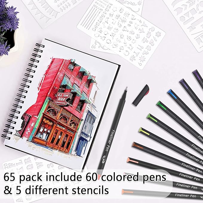 65 Pack Planner Colored Pens, 60 Assorted Colors Drawing Pens with 5 Different Stencils, Perfect for Dotted Journal Planner Writing Note Calendar Coloring Office School Supplies