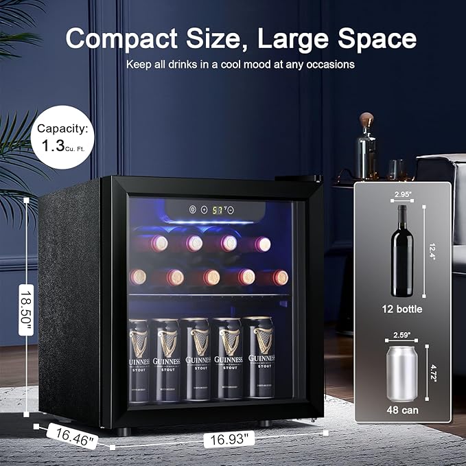 Antarctic Star 12 Bottle 48 Can Wine Cooler/Cabinet Beverage Refrigerator Mini Fridge Low Noise Clear Glass Door Counter Top Cellar for Beer Soda Bar 1.3 cu.ft Black