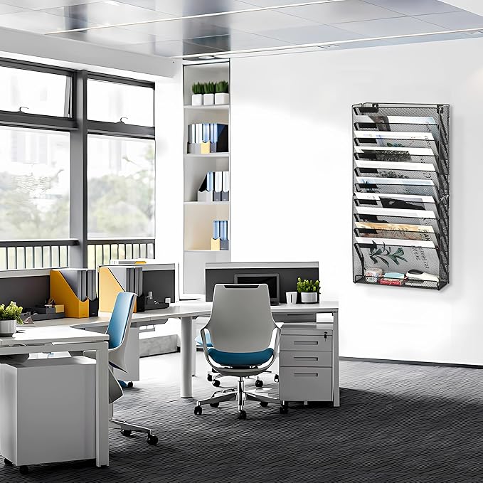 EasyPAG 11 Tier Wall File Holder with Flat Tray, Black | Easy Assemble Mesh Desk File Organizer | 10-Folder Paper Storage | Replaceable Classify Labels | Space Saving Mail Organizer for Office Home