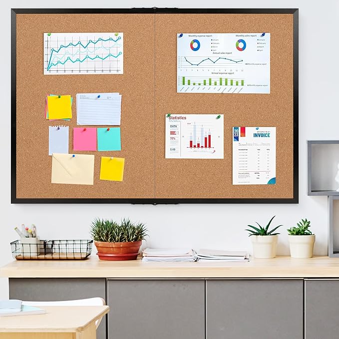 Board2by Cork Board Bulletin Board 36 x 48, Black Wood Framed 4x3 Corkboard, Foldable Office Board for Wall Decor, Large Wall Mounted Notice Pin Board with 36 Push Pins for School, Home & Office