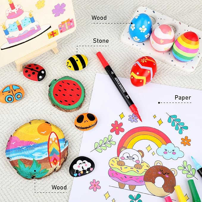 120 Colors Acrylic Paint Markers, Dual Tip Fine Tip and Brush Tip Pens Contain 24 Metallic Color for Stone, Wood, Calligraphy, Canvas, Ceramic, Metal, Glass, Rock Painting, DIY Crafts