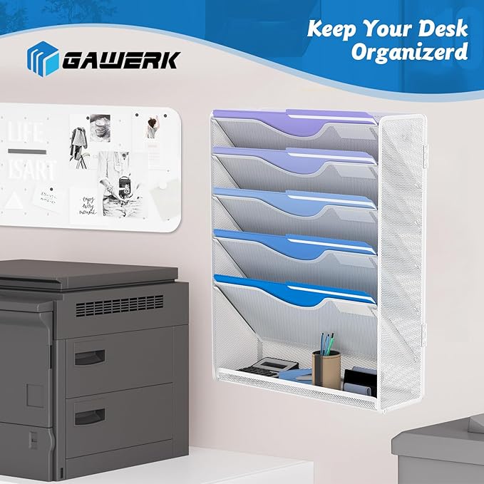6 Tier Hanging File Organizer, Mesh Wall File Holder Paper Folder Rack with Bottom Flat Tray for Office Home, White