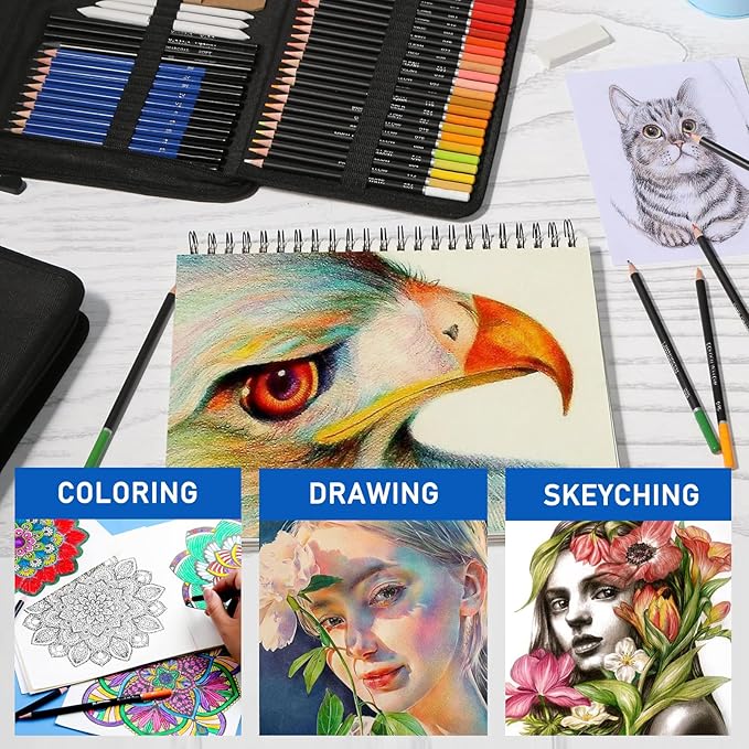 146Pcs Drawing and Sketching Colored Pencils Set, Art Supplies Include Sketch Charcoal Colored Metallic Watercolor Graphite Mark Pencils, Professional Drawing kit and Sketchbook for Artists Adult
