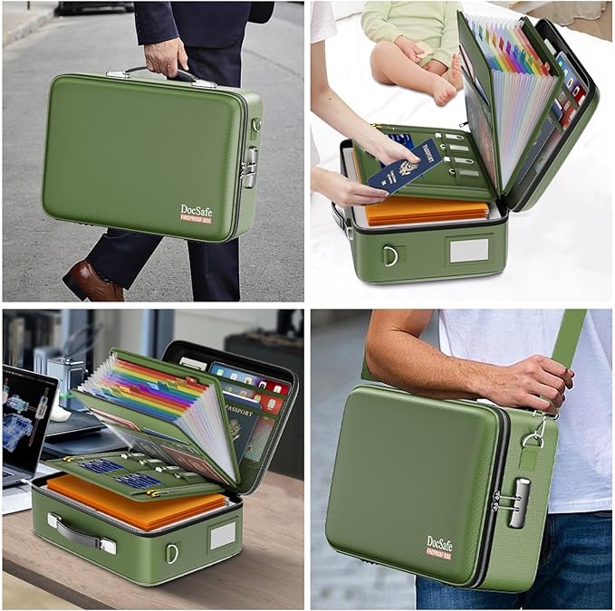 DocSafe Fireproof Document Box with Lock, Hard Case File Organizer with Accordion File Folder, Fireproof Water Resistant Safe Box Home Office Travel Storage for Important Documents Laptop Green